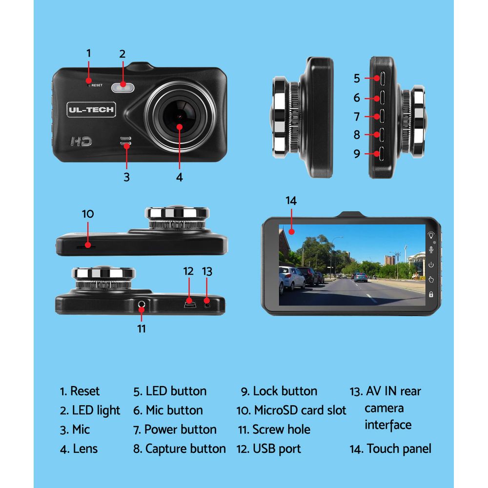 UL Tech 4 Inch Dual Camera Dash Camera - Black | High-Quality Dash Cam
