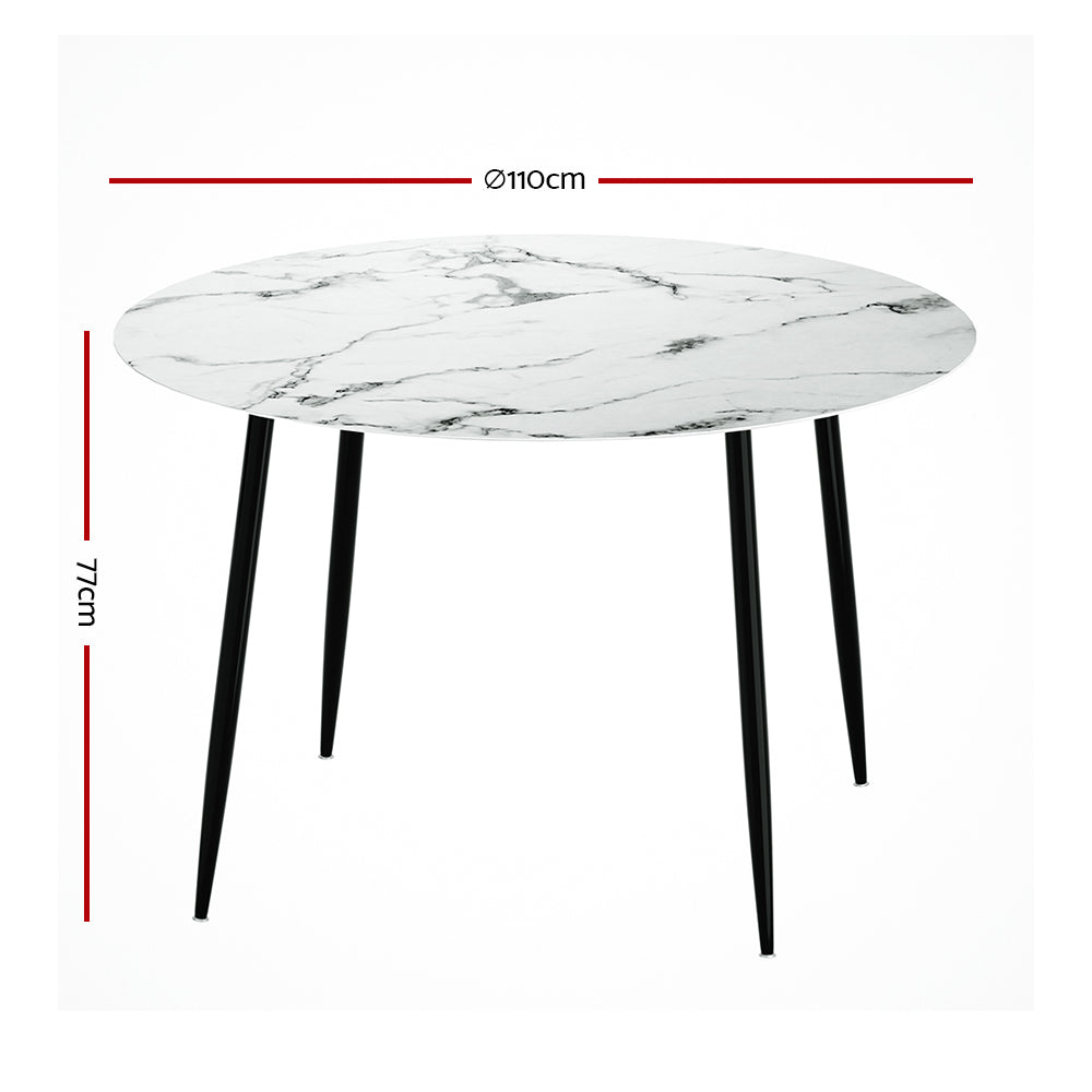 Artiss Round Wooden Dining Table with Marble Effect Metal Legs (110CM, White)
