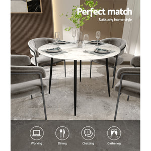 Artiss Round Wooden Dining Table with Marble Effect Metal Legs (110CM, White)