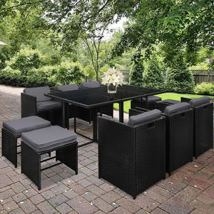 Large Black 11 Piece PE Wicker Outdoor Dining Set - The Hippie House
