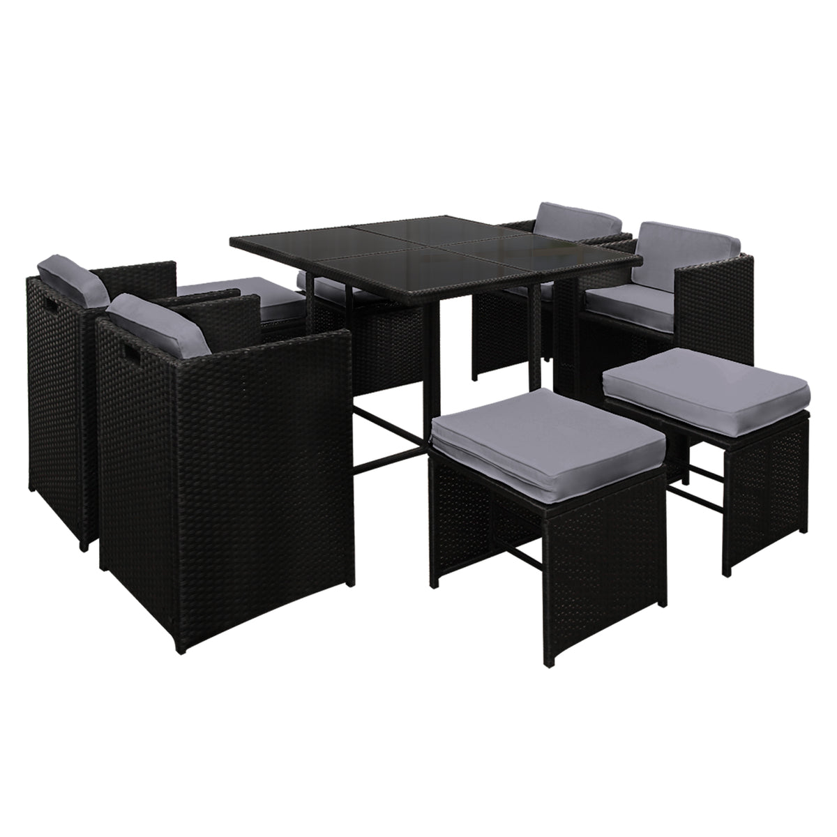 Large 9 Piece Wicker Outdoor Dining Set - Black & Grey