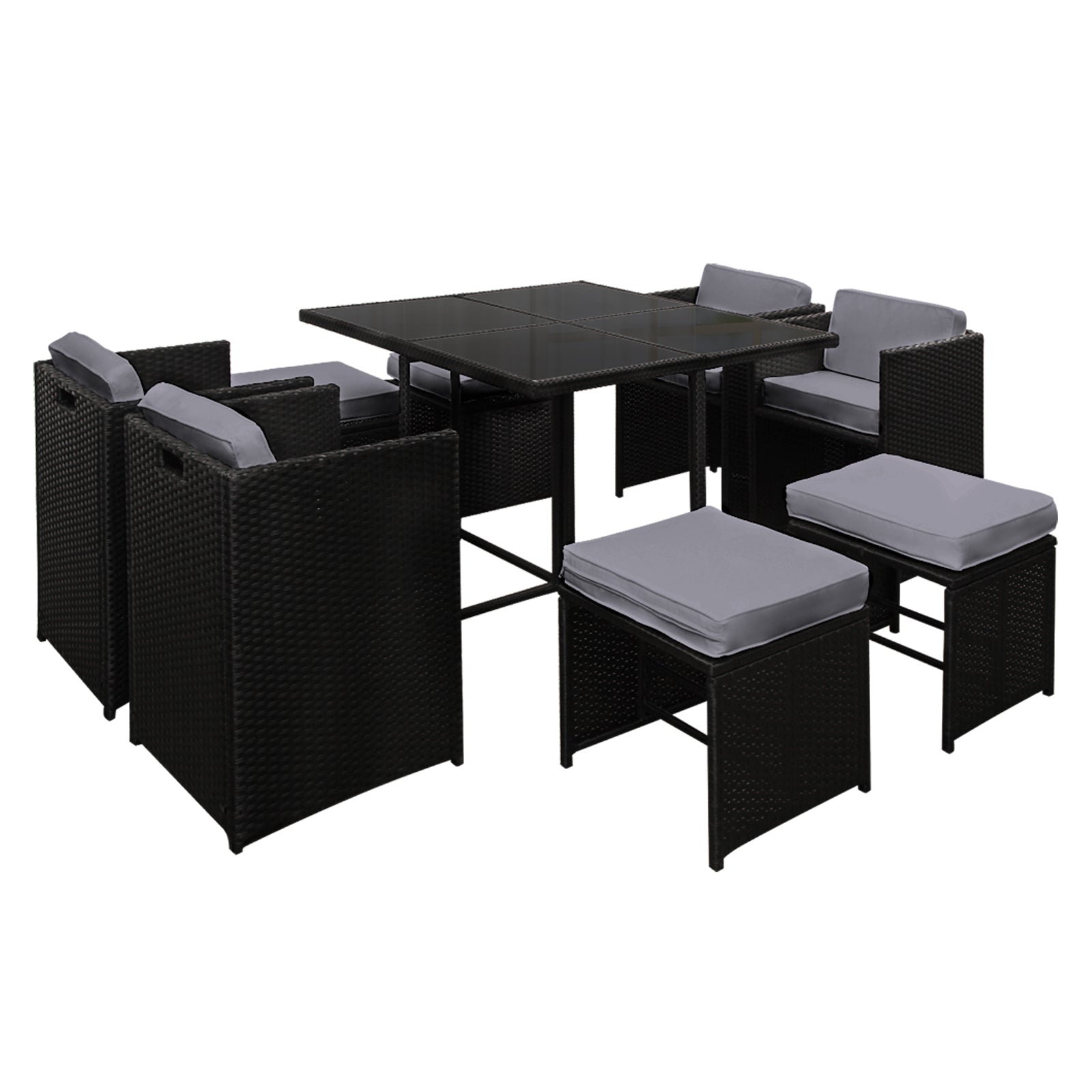 Large 9 Piece Wicker Outdoor Dining Set - Black & Grey