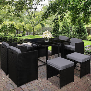 Large 9 Piece Wicker Outdoor Dining Set - Black & Grey