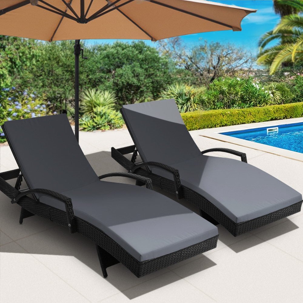 Outdoor Sun Lounge Chair Set With Black Cushions