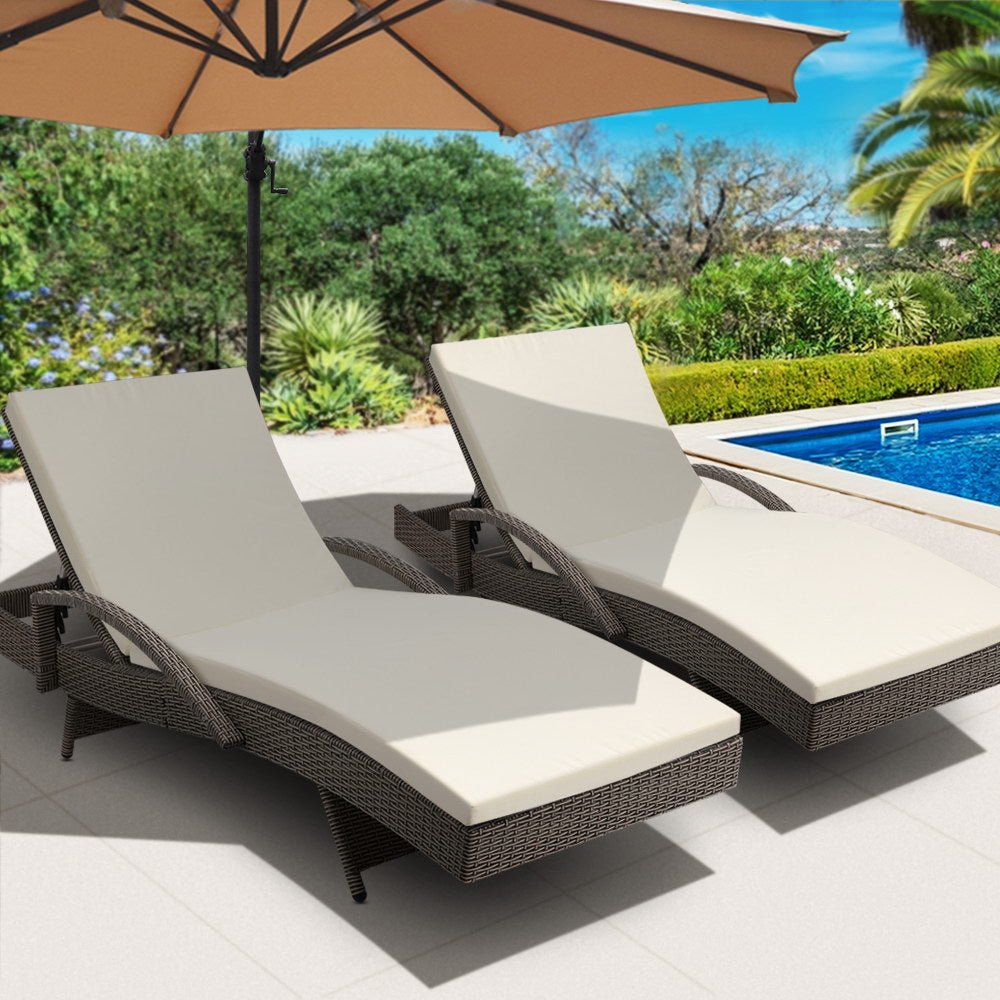 Grey Outdoor Sun Lounge Chair with Cushions - Set of 2