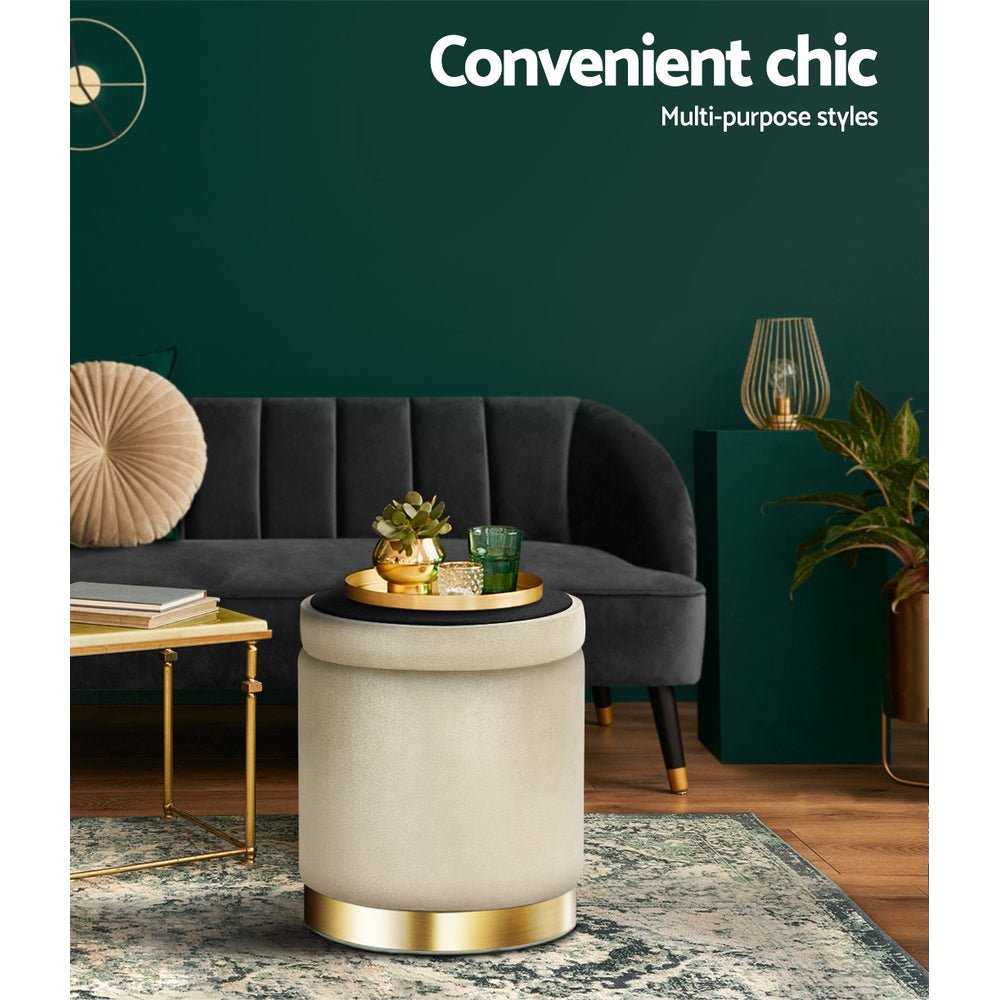 Classic Beige Round Velvet Ottoman / Foot Rest