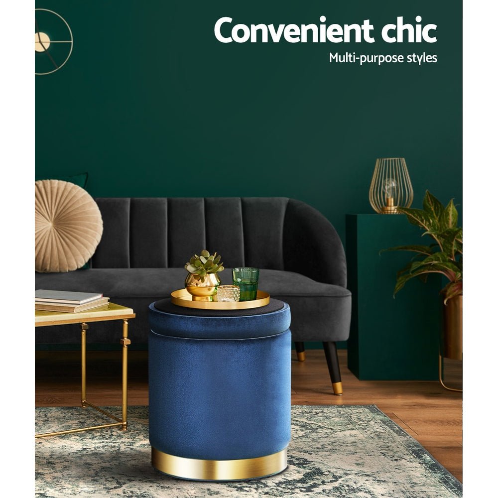 Classic Navy Round Velvet Ottoman / Foot Rest