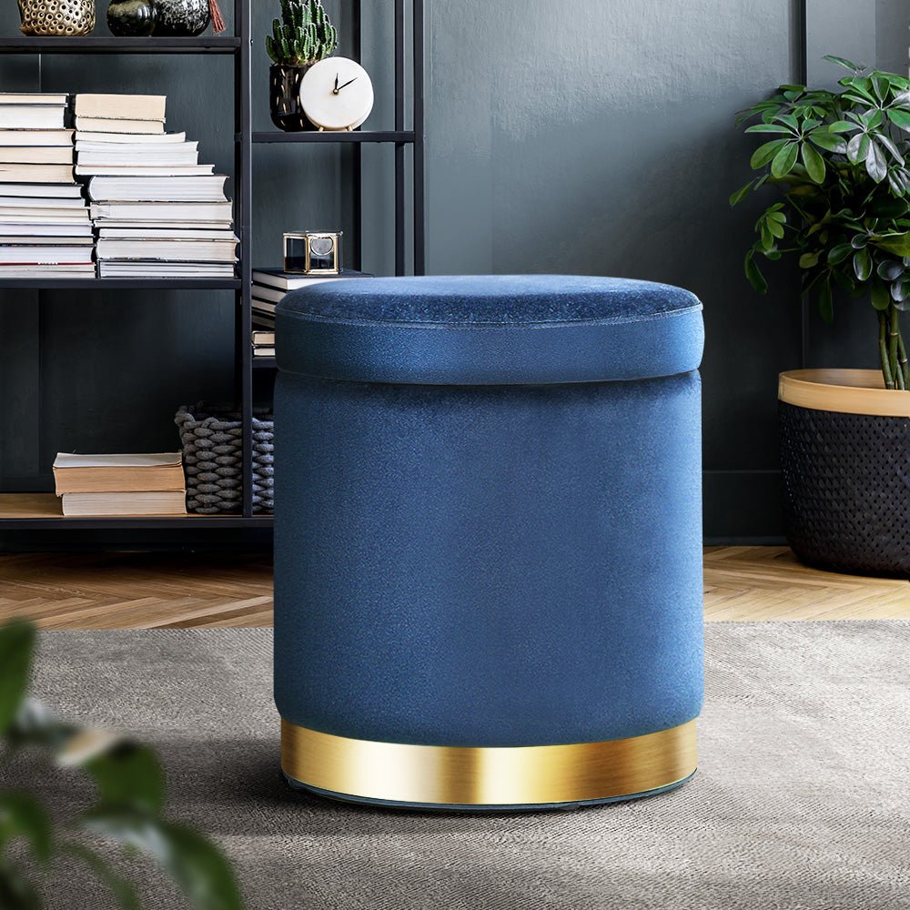 Classic Navy Round Velvet Ottoman / Foot Rest