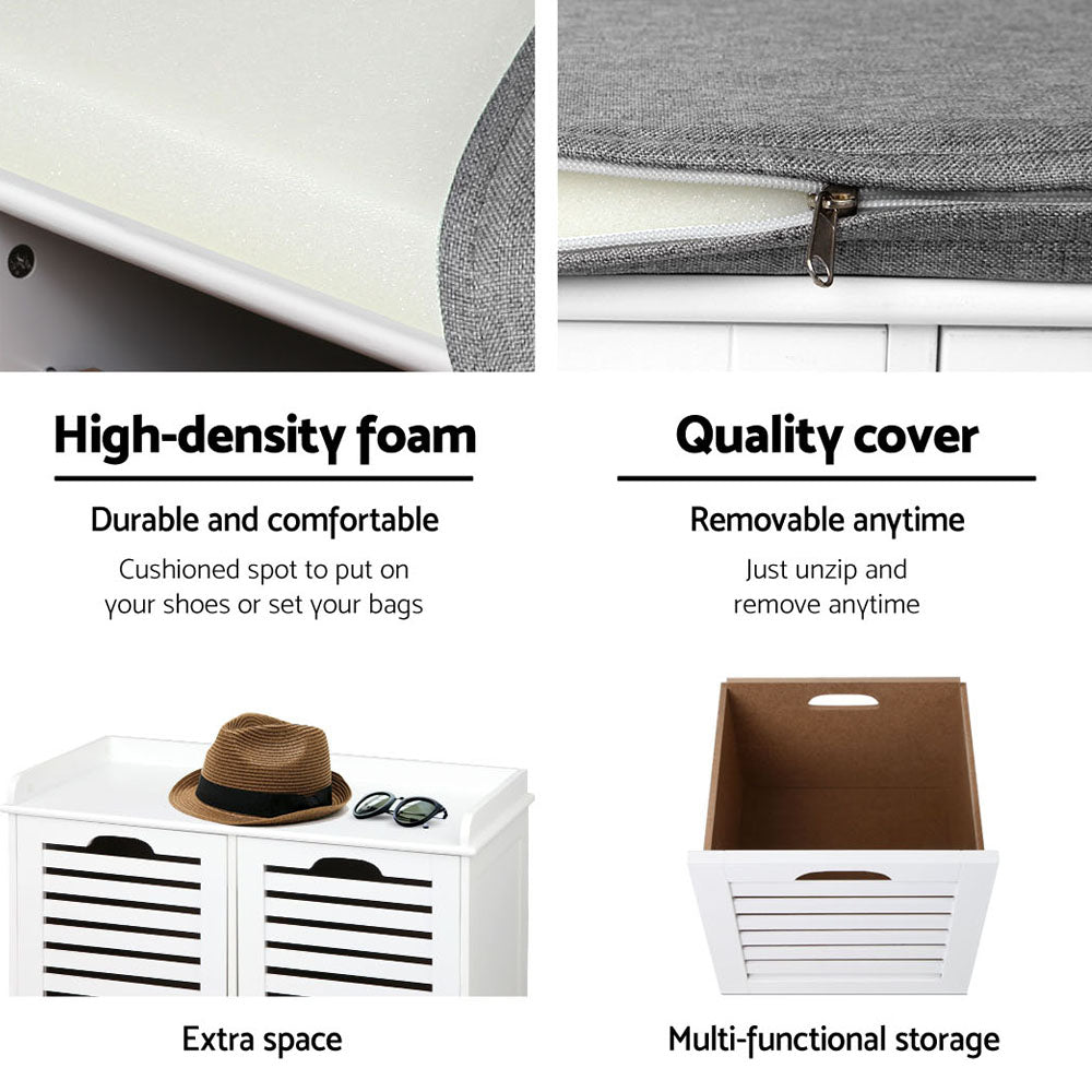 White And Grey Fabric Shoe Bench With Drawers