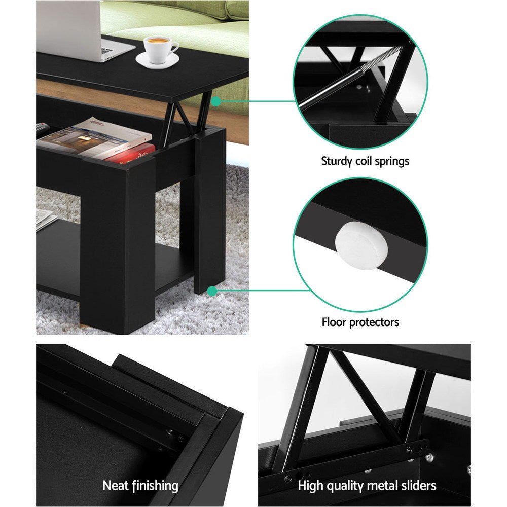 Artiss Lift Up Top Coffee Table Storage Shelf Black - The Hippie House