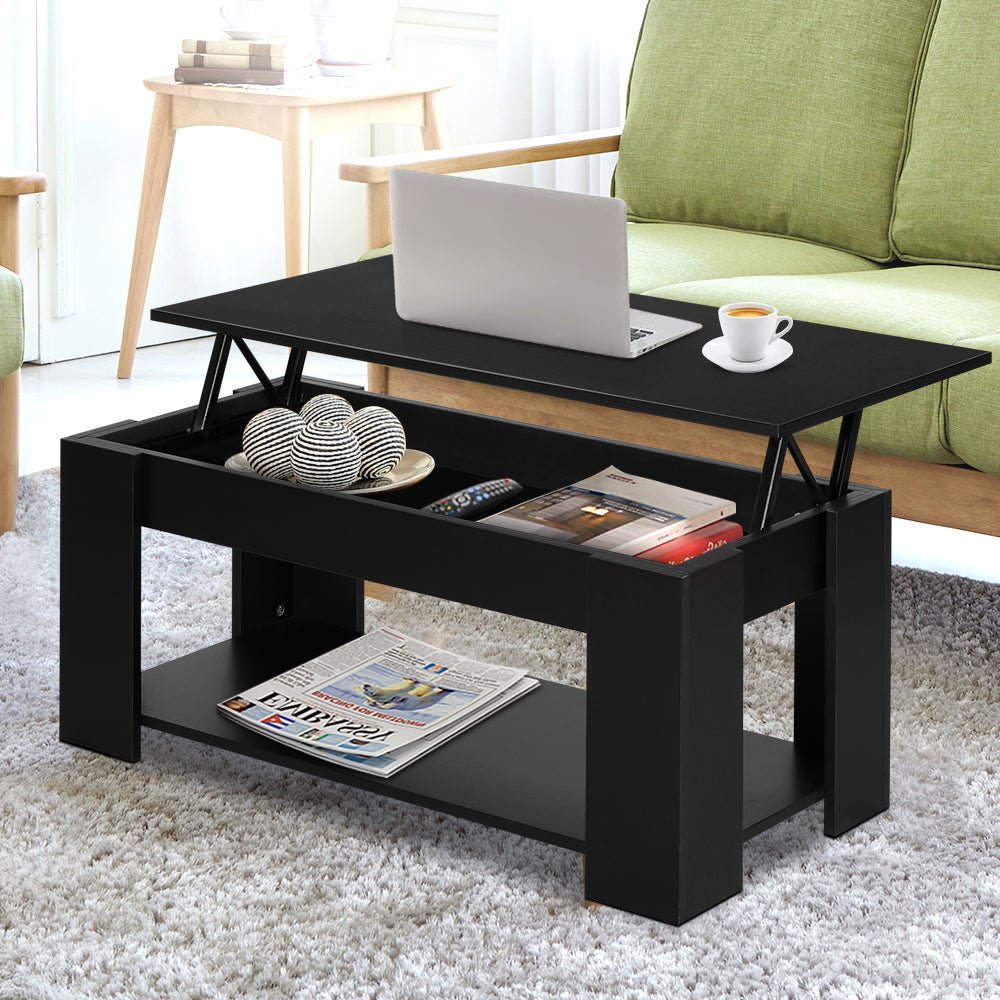 Artiss Lift Up Top Coffee Table Storage Shelf Black - The Hippie House