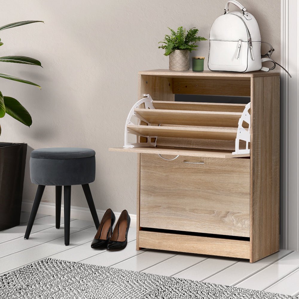 Oak Shoe Cabinet Storage Rack - 24 Pair Capacity