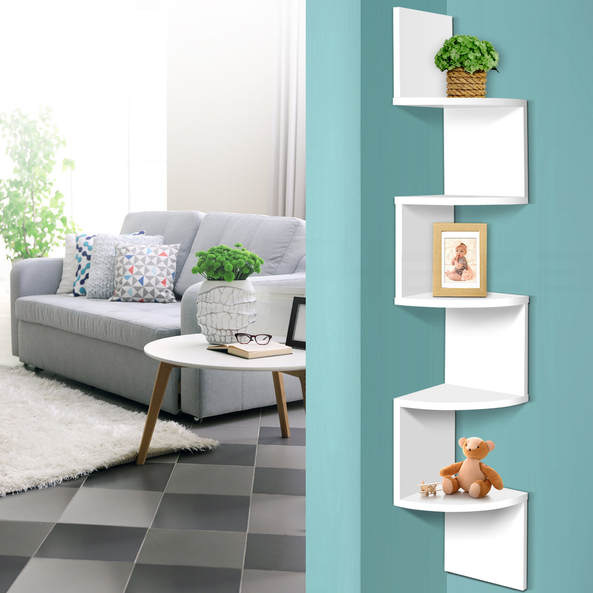 White 5 Tier Corner Wall Shelf