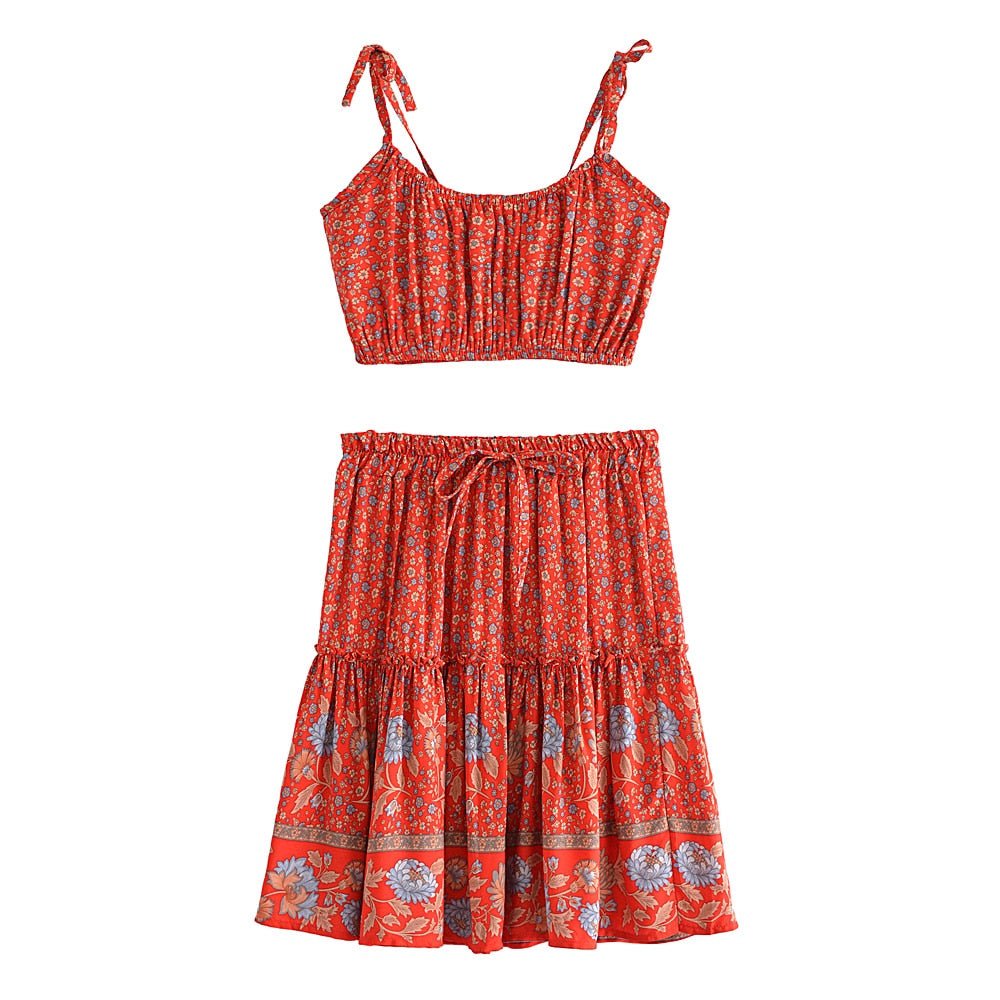 Women's Floral Bohemian Two Piece Outfit | Strapless Top + Mini Skirt | S-L | Various Colours