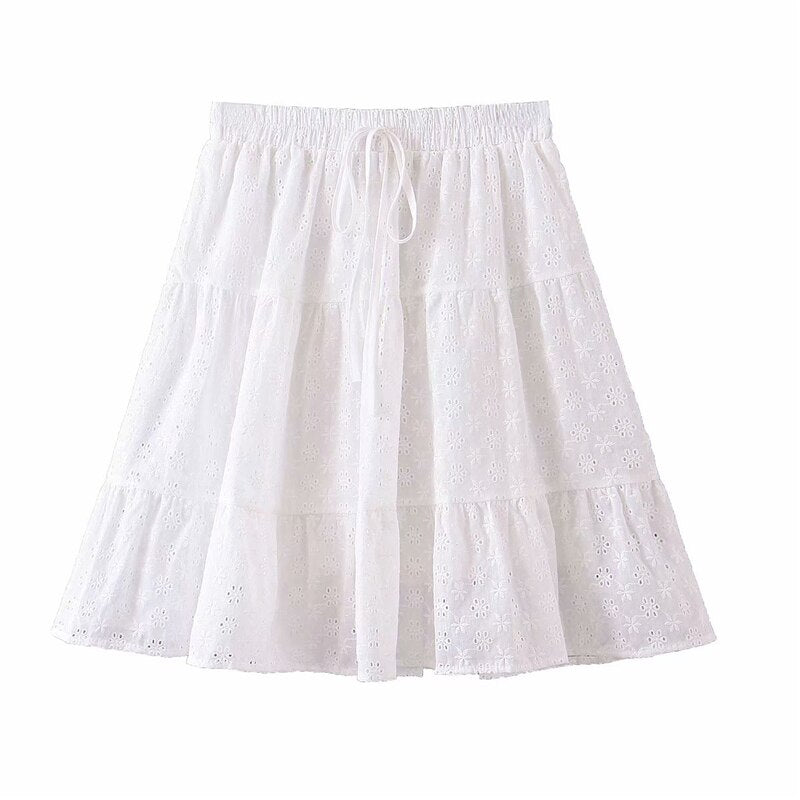 Women's White Festival Two Piece Outfit | Off Shoulder Short Sleeve Top + Bohemian Lace Mini Skirts | S-L