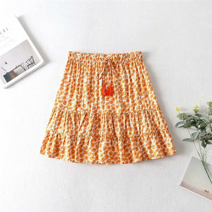 Women's Orange Floral Two Piece Suit | Sleeveless Top + Mini Skirts | S-L