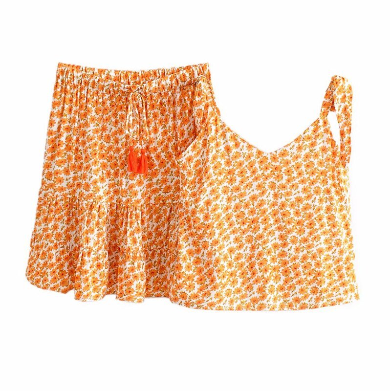 Women's Orange Floral Two Piece Suit | Sleeveless Top + Mini Skirts | S-L