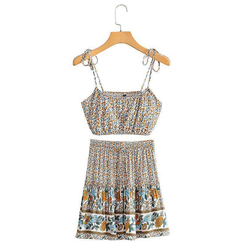 Women's Floral Bohemian Two Piece Outfit | Strapless Top + Mini Skirt | S-L | Various Colours