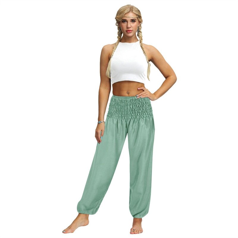 Cream Green Bohemian High Waist Yoga Palazzo Pants | S-XL
