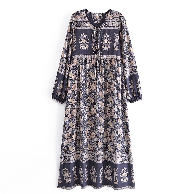 Grey Floral Vintage Styled Dress | Tassels + V-Neck | S-L
