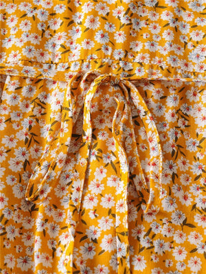 Women's Hippie Yellow Deep V-Neck Dress | Boho Flowers | S-L