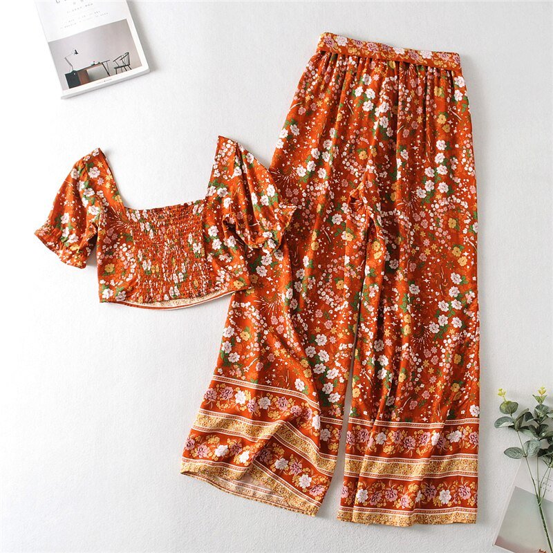 Cool Women's Brown Bohemian Styled Clothing Set | Pants + Sleeveless Top | S-M
