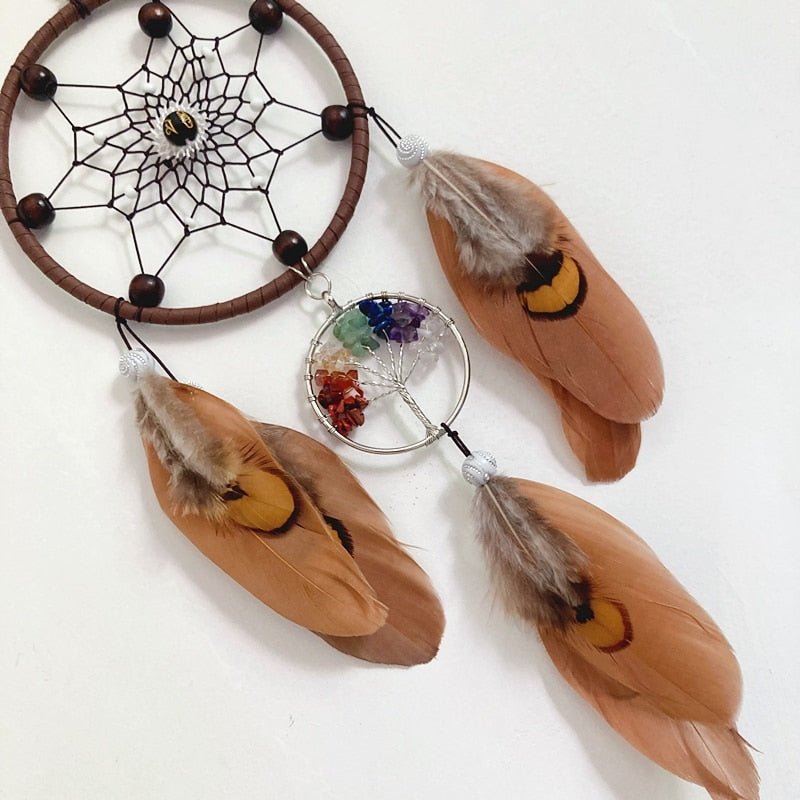 Handmade Brown Feathered Tree Of Life Dream Catcher | 30cm