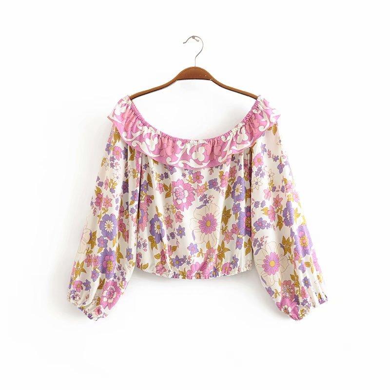 Women's Pink Floral Boho Two Piece Outfit | Ruffles Long Sleeve Top + Waist Skirts | S-L