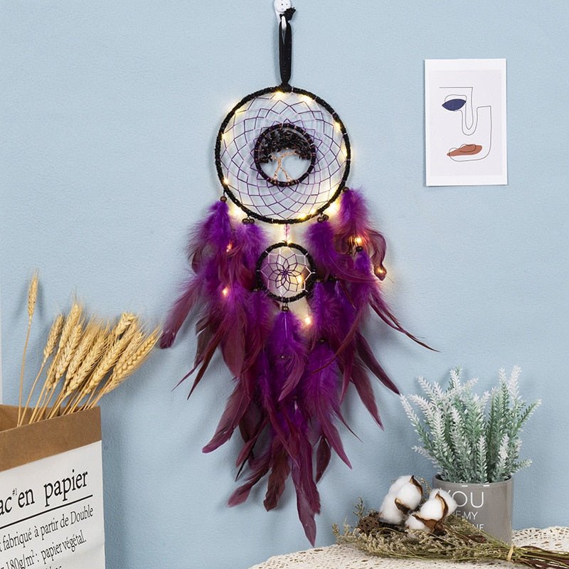 Purple Tree Of Life Dream Catcher With Feathers
