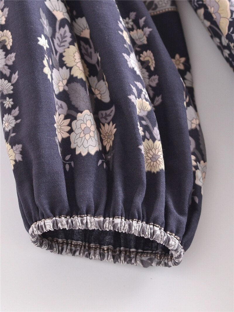 Grey Floral Vintage Styled Dress | Tassels + V-Neck | S-L