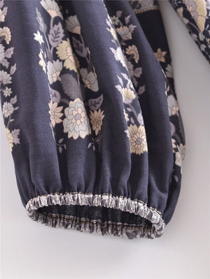 Grey Floral Vintage Styled Dress | Tassels + V-Neck | S-L