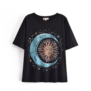 Women's Cotton Hippie Moon And Sun T-shirt | O-Neck Design | S-L
