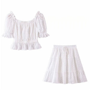 Women's White Festival Two Piece Outfit | Off Shoulder Short Sleeve Top + Bohemian Lace Mini Skirts | S-L