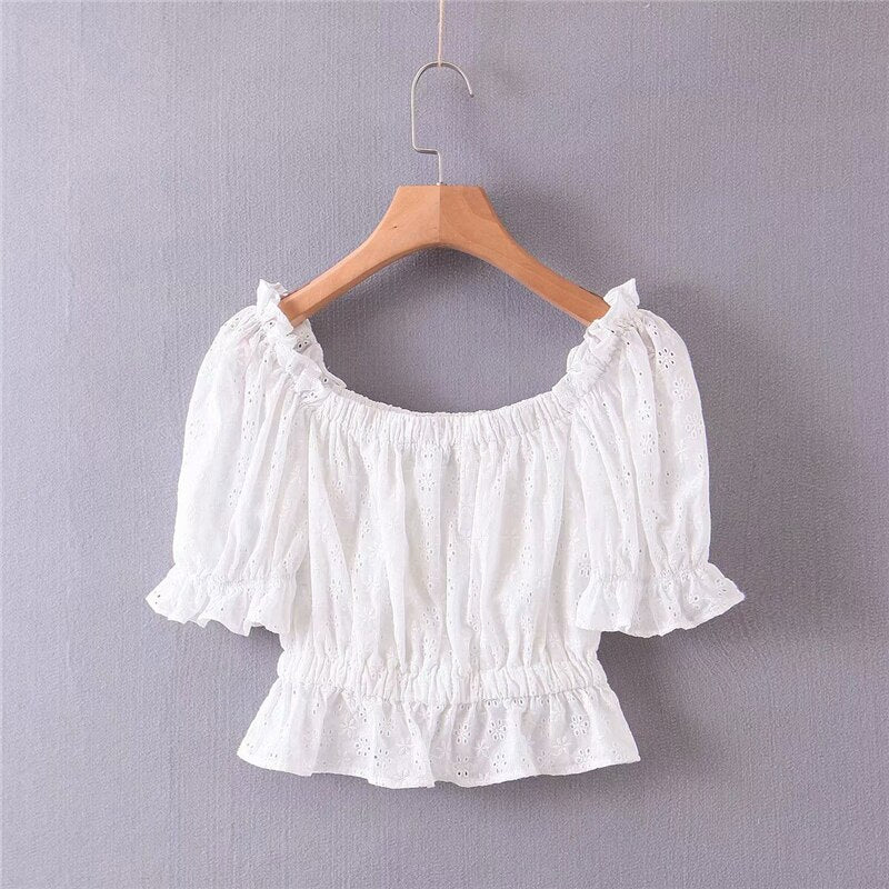 Women's White Festival Two Piece Outfit | Off Shoulder Short Sleeve Top + Bohemian Lace Mini Skirts | S-L