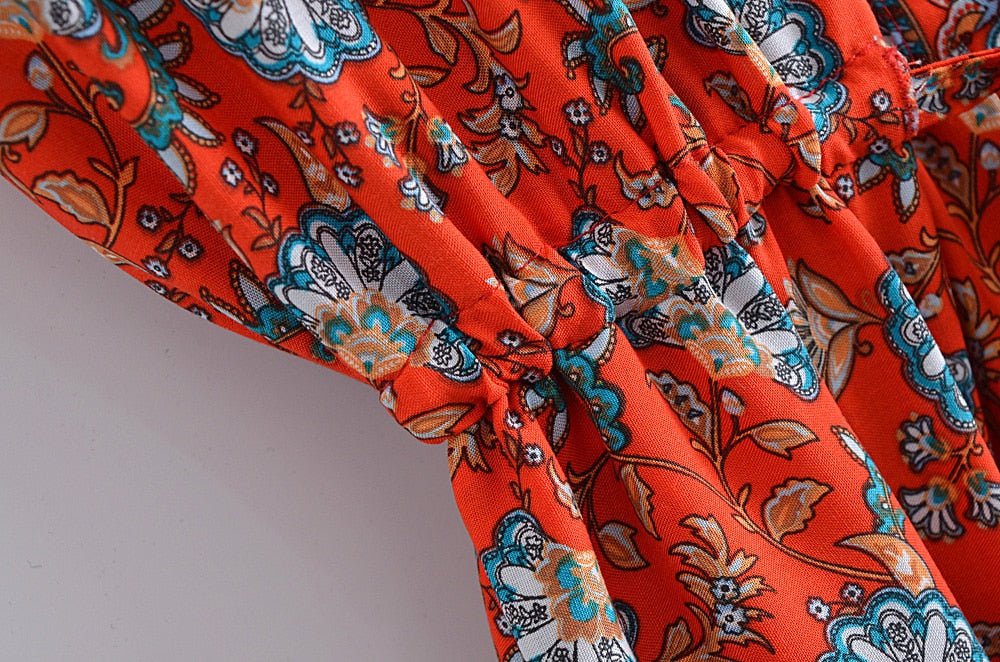 Women's Full Length Red Floral Printed Boho Jumpsuit | Short Sleeve + V-neck | S-L