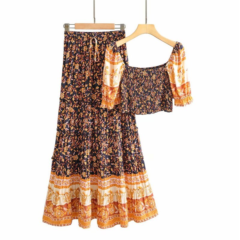 Women's Two Piece Bohemian Spice Outfit | Off Shoulder Top + Drawstring Skirts 2 | S-L