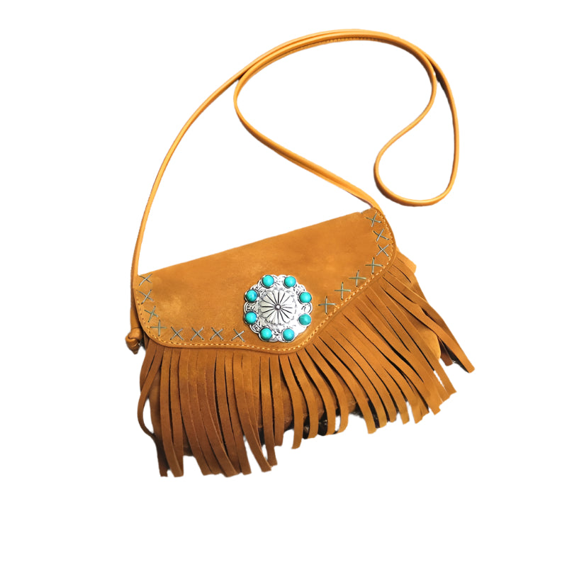 Genuine Leather Bohemian Gypsy Styled Handbag With Aqua Stones