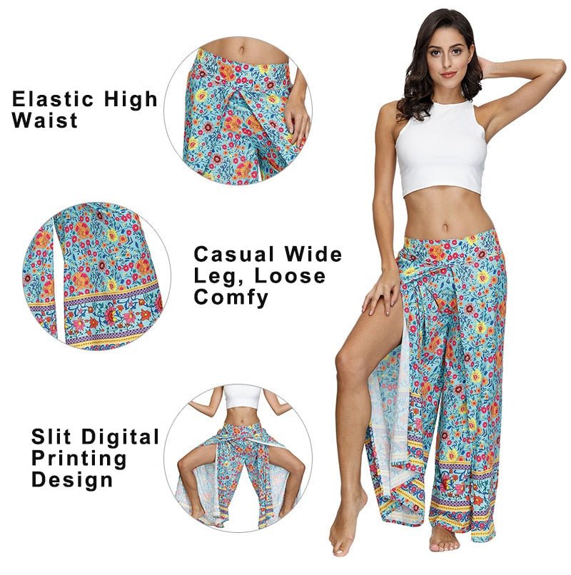 Women's Casual Slit Wide Leg Hippie Boho Pants | Flower Child Design | S-L
