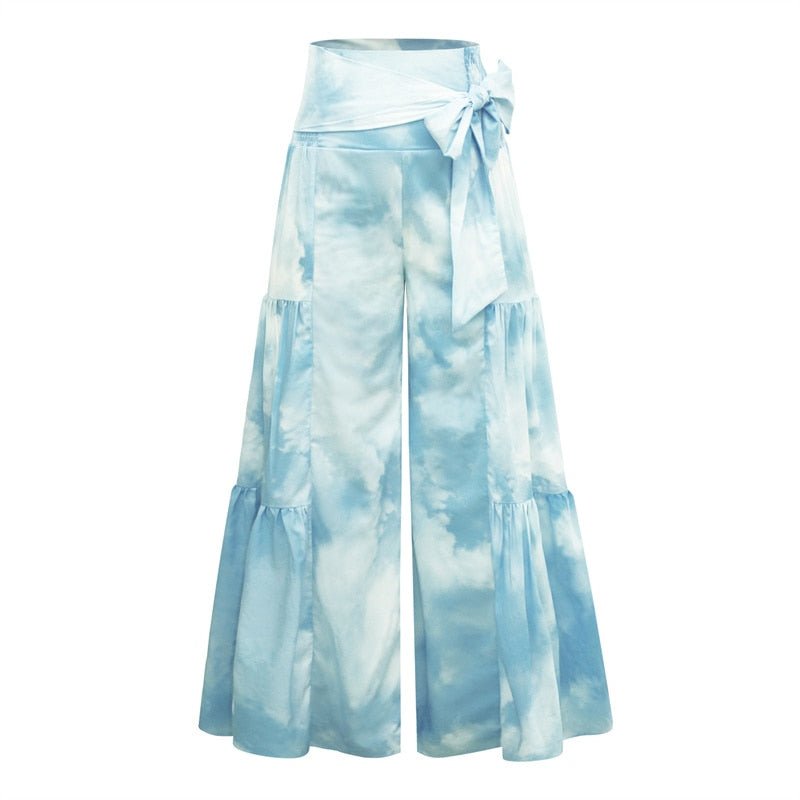 Women's Hippie Waist High Flare Pants | Cloudy Blue Design | S-XL
