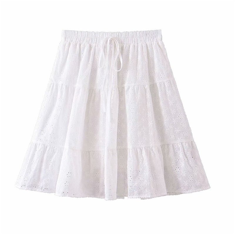 Women's White Festival Two Piece Outfit | Off Shoulder Short Sleeve Top + Bohemian Lace Mini Skirts | S-L