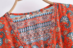 Women's Full Length Red Floral Printed Boho Jumpsuit | Short Sleeve + V-neck | S-L