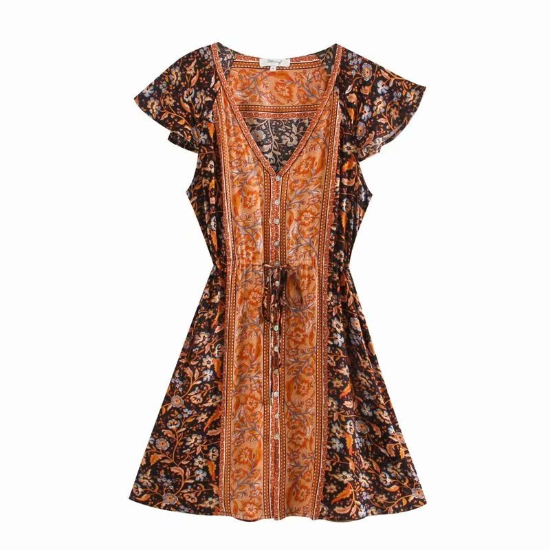 Women's Hippie Deep V-Neck Bohemian Short Sleeve Dress | S-L| Various Colours