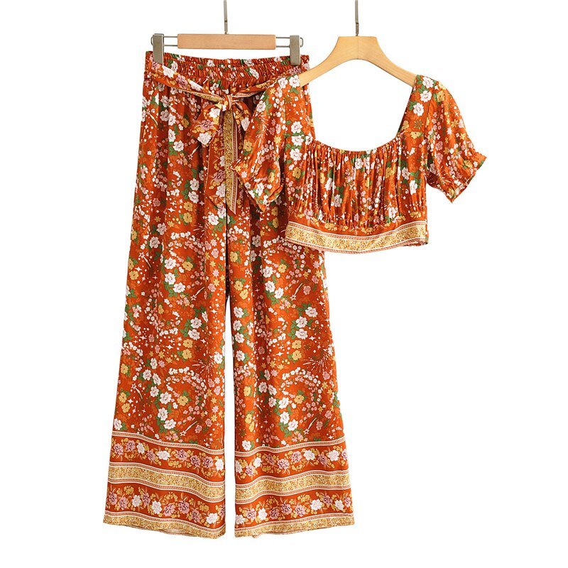 Cool Women's Brown Bohemian Styled Clothing Set | Pants + Sleeveless Top | S-M