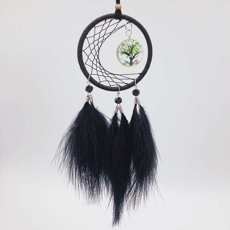 Small Black Feathered Dream Catcher With Green Tree Design