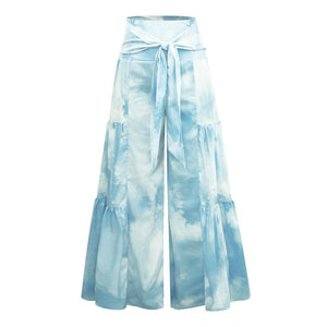 Women's Hippie Waist High Flare Pants | Cloudy Blue Design | S-XL