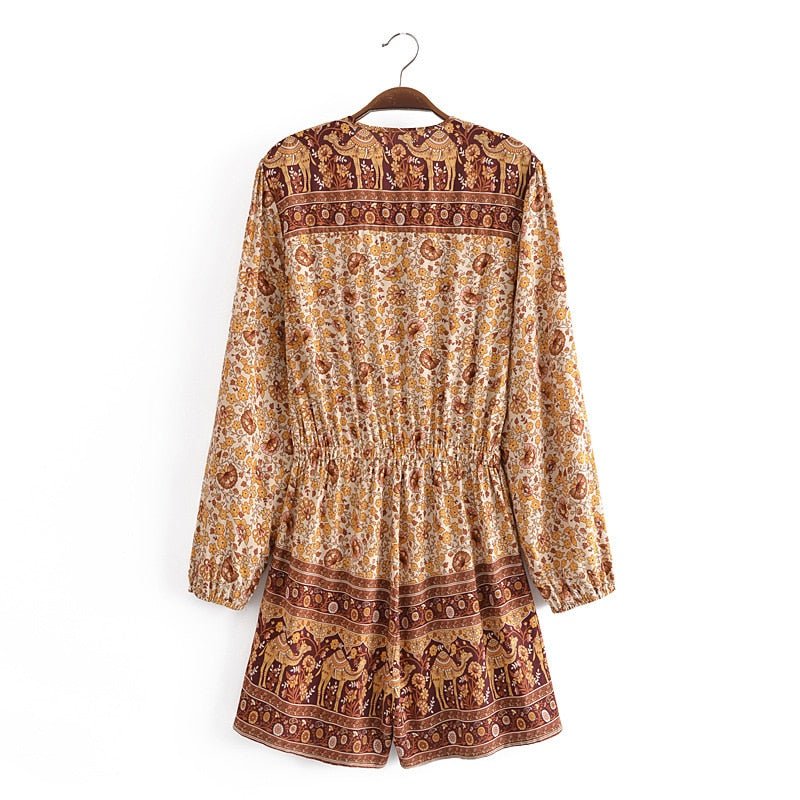 Women's Brown Bohemian Beach Romper | Rayon + Cotton | S-L