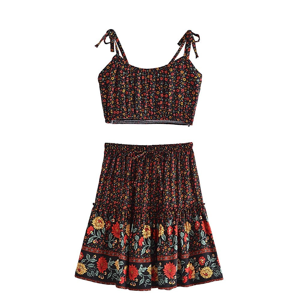 Women's Floral Bohemian Two Piece Outfit | Strapless Top + Mini Skirt | S-L | Various Colours
