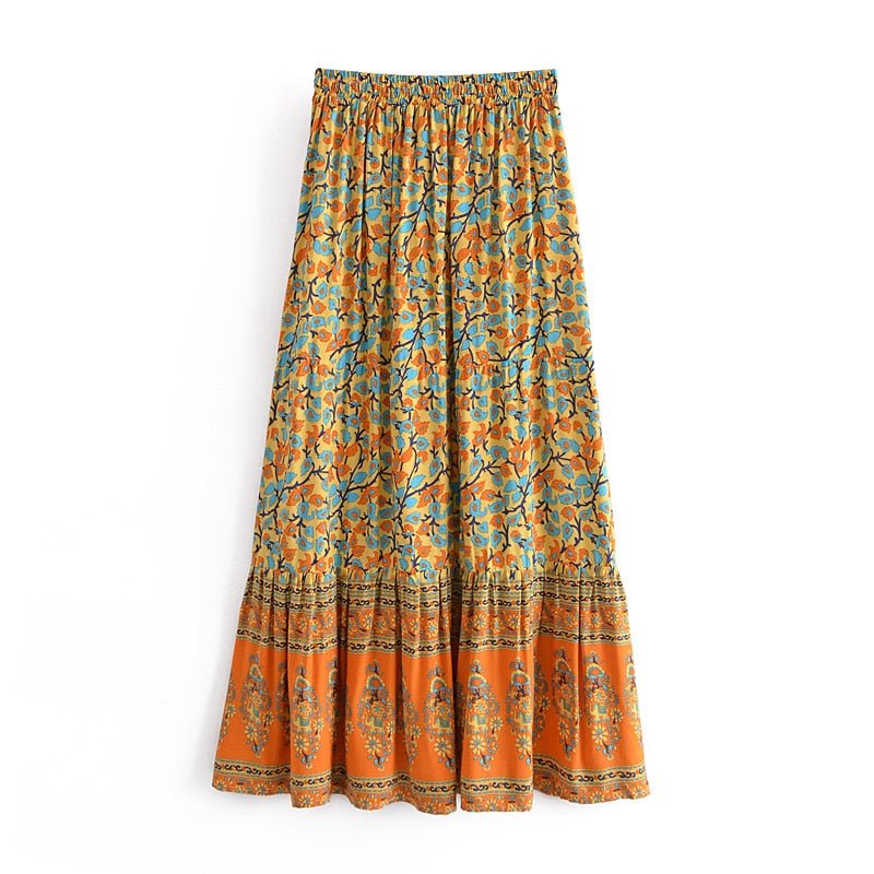 Women's Bohemian Styled Yellow Sun Flower Long Skirt | S-L