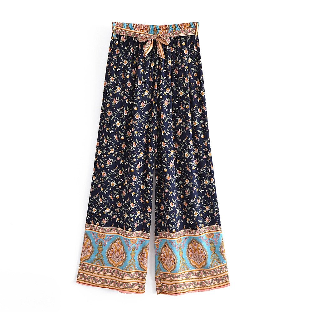 Women's Flower Boho Two Piece Outfit | Sleeveless Top + Bohemian Pants | S-L |