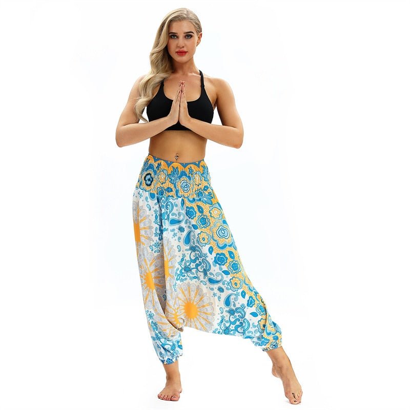 Hippie Boho Loose Yoga Harem Pants | Blue White N Yellow Design | One Size